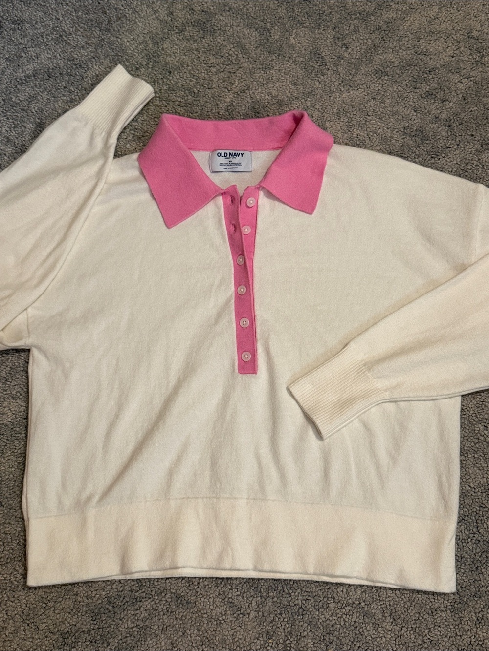 Old Navy Cream V-Neck Polo Sweater with Pink Collar